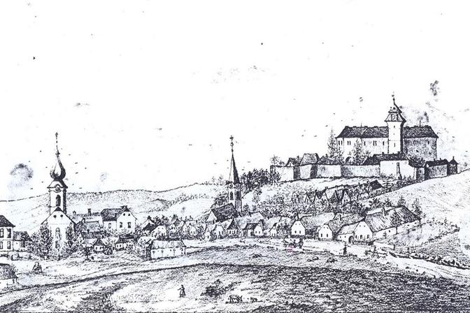 Eine Bleistiftzeichnung der Burg aus dem 17. Jahrhundert